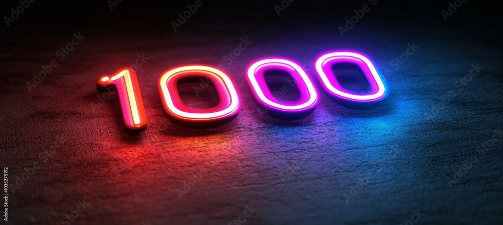 Illuminated Colorful Neon Number 1,000 Logo on a Dark Wooden Surface with a Colorful Vibrant Glow. Illuminated Colorful Neon Number 1,000 Logo on a Dark Wooden Surface with a Colorful Vibrant Glow.
