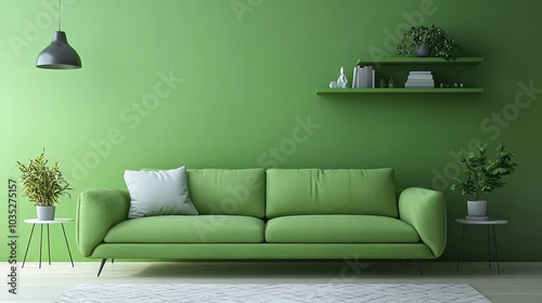 Green sofa placed against a green wall with a shelf. Modern living room featuring Scandinavian interior design.