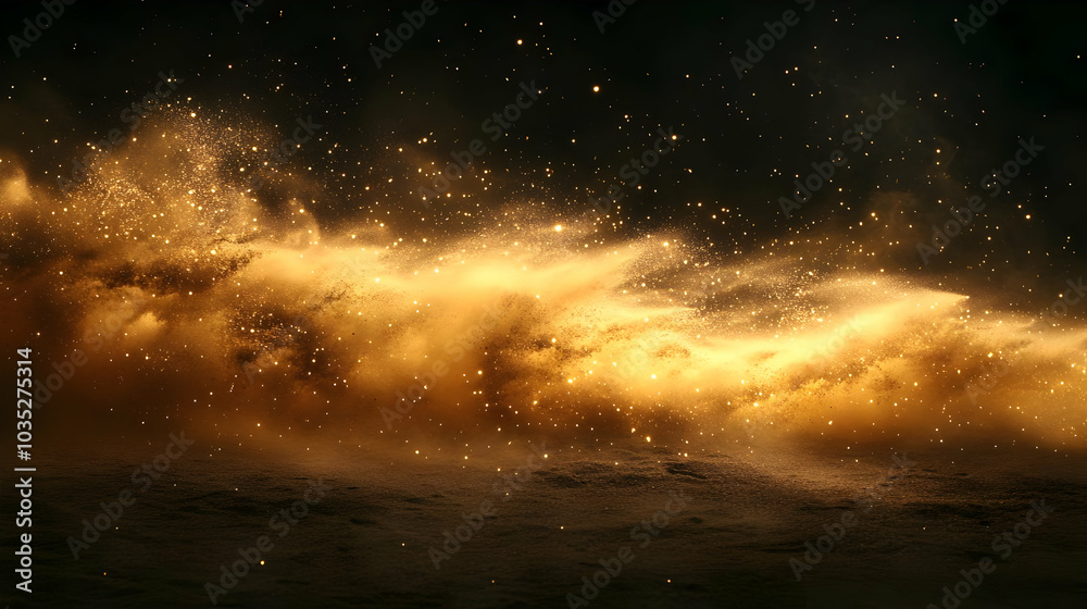 Fototapeta premium Golden Dust Explosion in Dark Background: A Mesmerizing Visual of Particles and Light