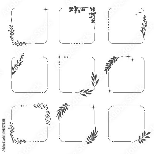 Linear hand-drawn square frame with leaves