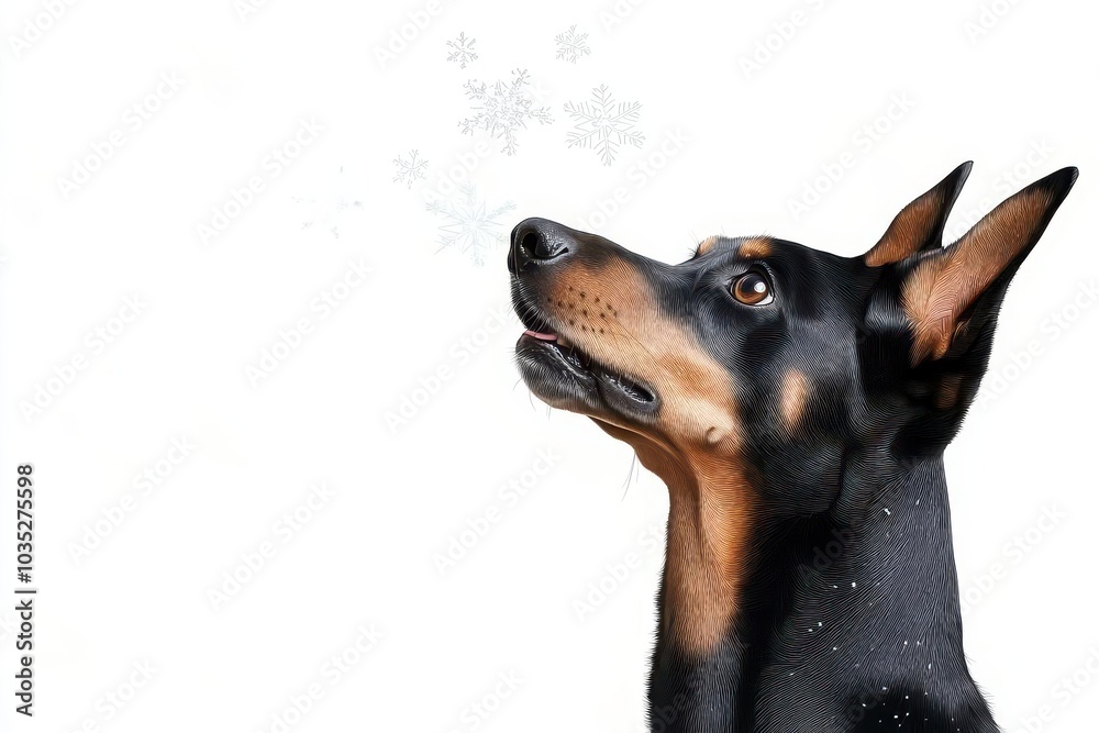 A majestic Doberman looking up in wonder as snowflakes gently fall around it, capturing a serene winter moment. A majestic Doberman looking up in wonder as snowflakes gently fall around it, capturing a serene winter moment.