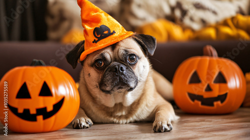 A dog wearing a funny costume for Halloween photo