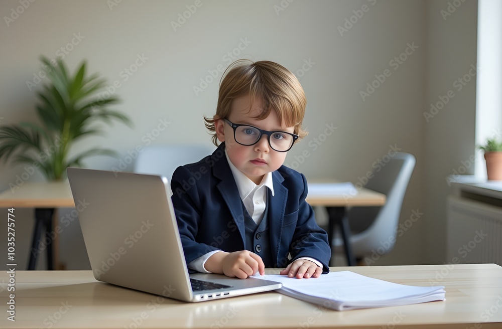news anchor little boy. funny child headline tv. kids news.a boy in a suit is sitting in an office at a computer news anchor little boy. funny child headline tv. kids news.a boy in a suit is sitting in an office at a computer
