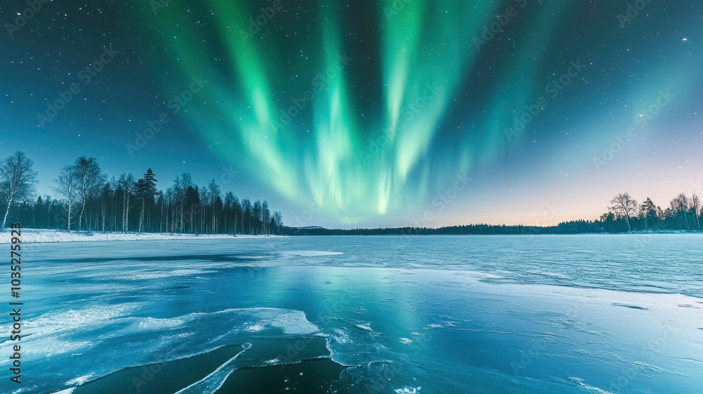 Naklejka premium Aurora borealis illuminating frozen lake at twilight