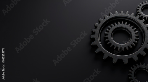 Black Gears Interlocking on Dark Background 