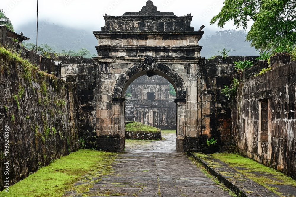 Obraz premium Spanish Fort. Ancient Architecture of Stone Castle Walls with Medieval Arches and Doors