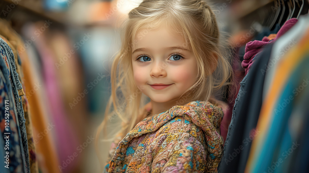 Little girl picking clothes from a rack, cute and innocent moment, childhood exploration Little girl picking clothes from a rack, cute and innocent moment, childhood exploration