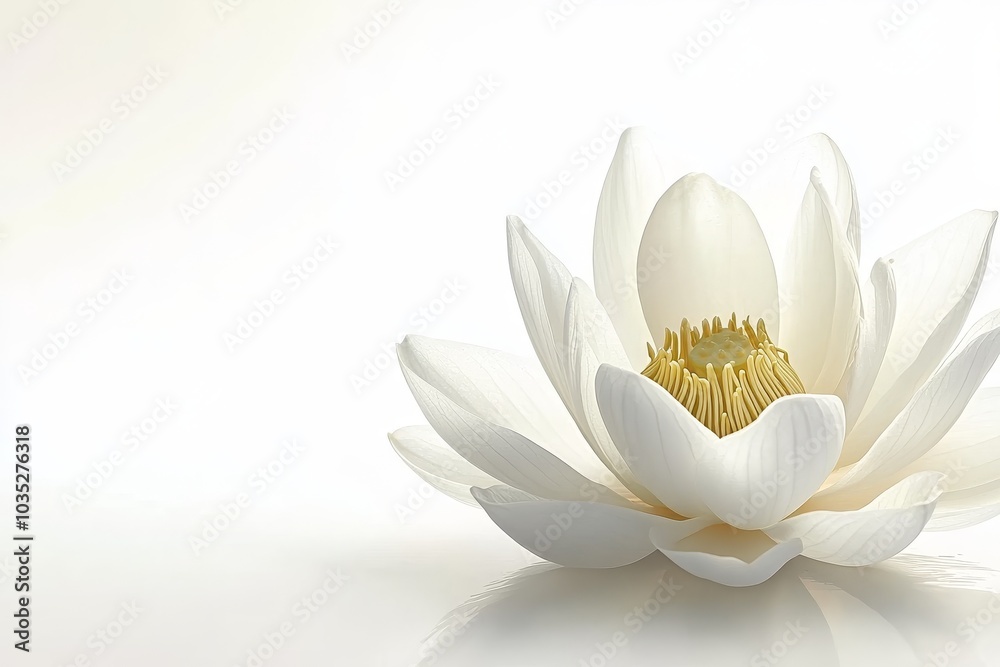 White lotus flower floating on a still surface symbolizing purity peace and spiritual enlightenment in a minimal serene design White lotus flower floating on a still surface symbolizing purity peace and spiritual enlightenment in a minimal serene design