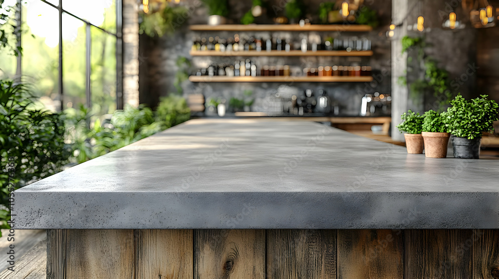 Concrete Countertop with Wooden Base and Green Plants in Background Concrete Countertop with Wooden Base and Green Plants in Background