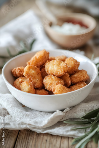 Fried crispy crumb chicken nuggets next to glass bowl of white sauce on white baking paper. Dipped nugget.Top view.