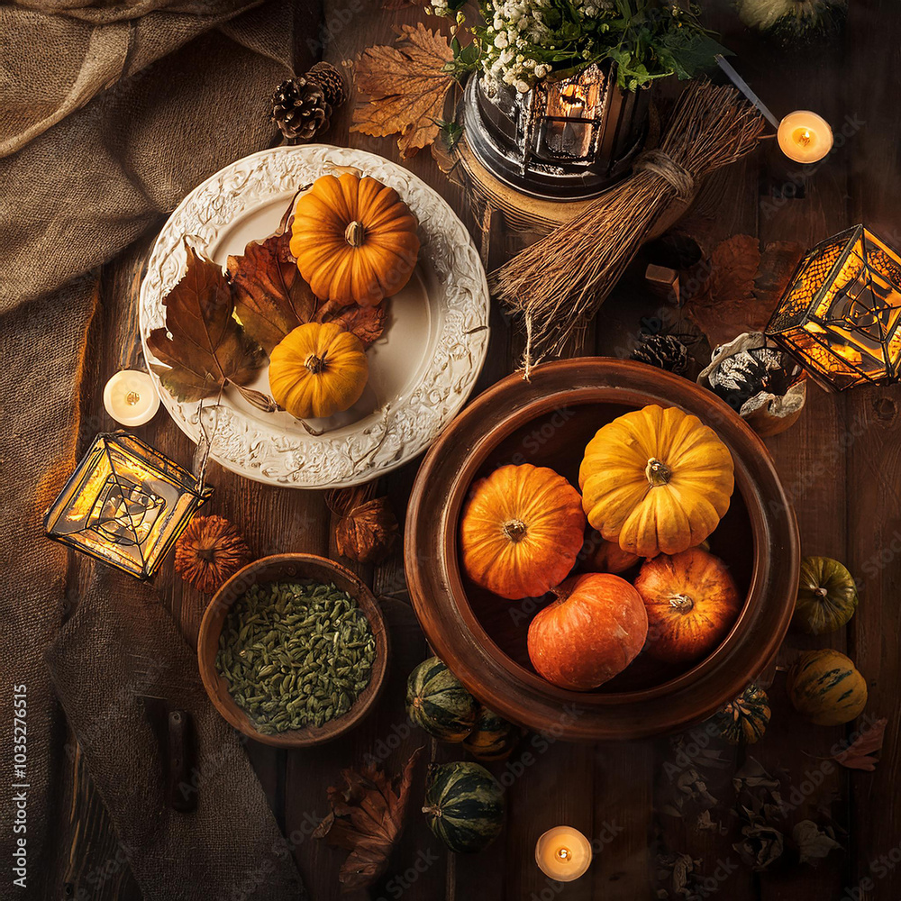 Halloween themed pumpkin, candle and other supplies on wooden table