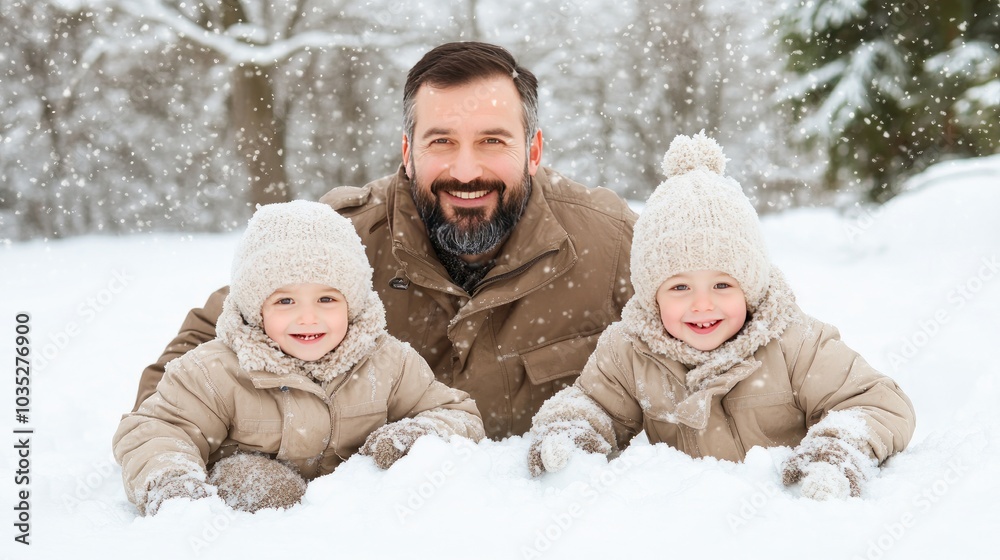 Obraz premium Elderly Japanese man cherishes Christmas vacation moments with his smiling children while playing in the soft winter snow