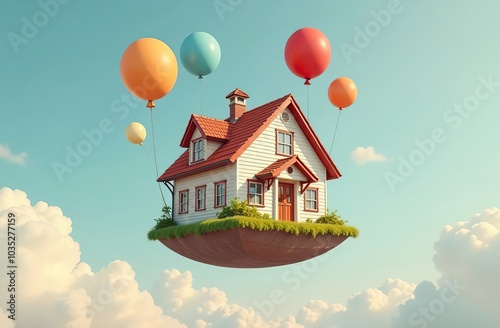 House flying with balloons, floating in the sky, cute and funny surrealism image