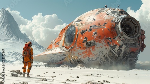 Crashed Spaceship in a Frozen Desert: A Futuristic Landscape photo