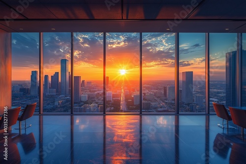 view of a city skyline from a window with sunset