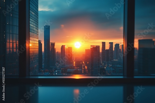 Fototapeta Naklejka Na Ścianę i Meble -  view of a city skyline from a window with sunset