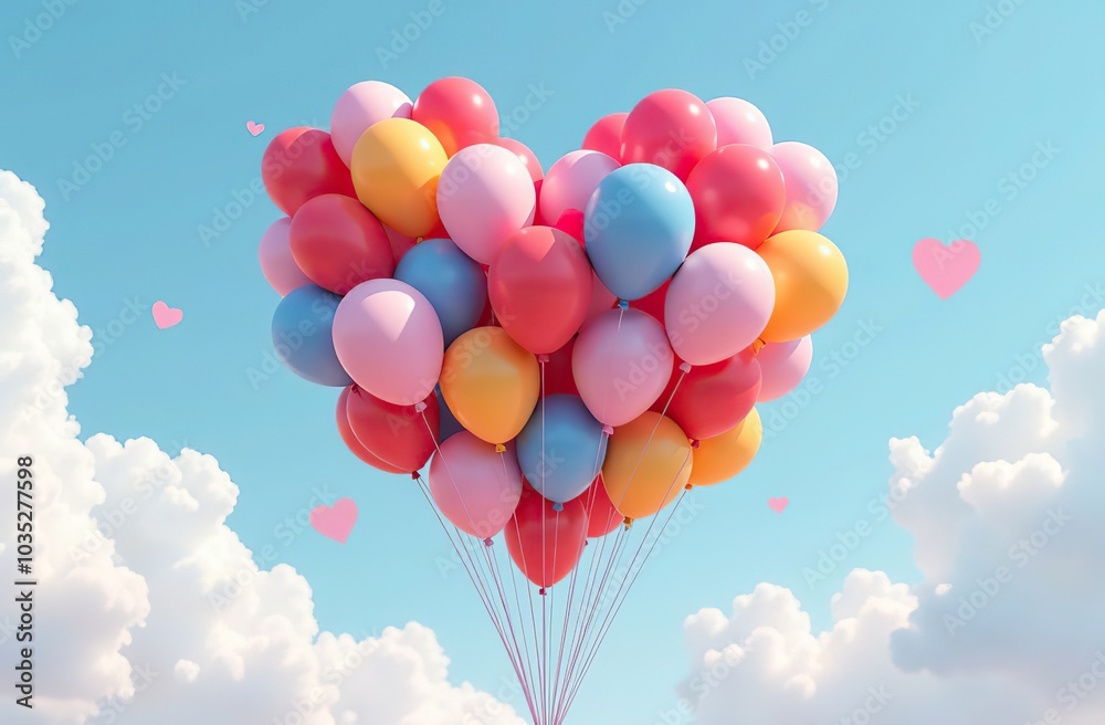 3D rendered heart made of colorful balloons floating against a clear sky 3D rendered heart made of colorful balloons floating against a clear sky