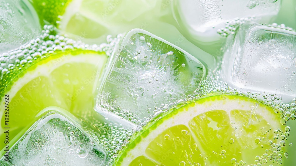 Refreshing lime slices and ice cubes floating in sparkling water on a sunny day. Refreshing lime slices and ice cubes floating in sparkling water on a sunny day.