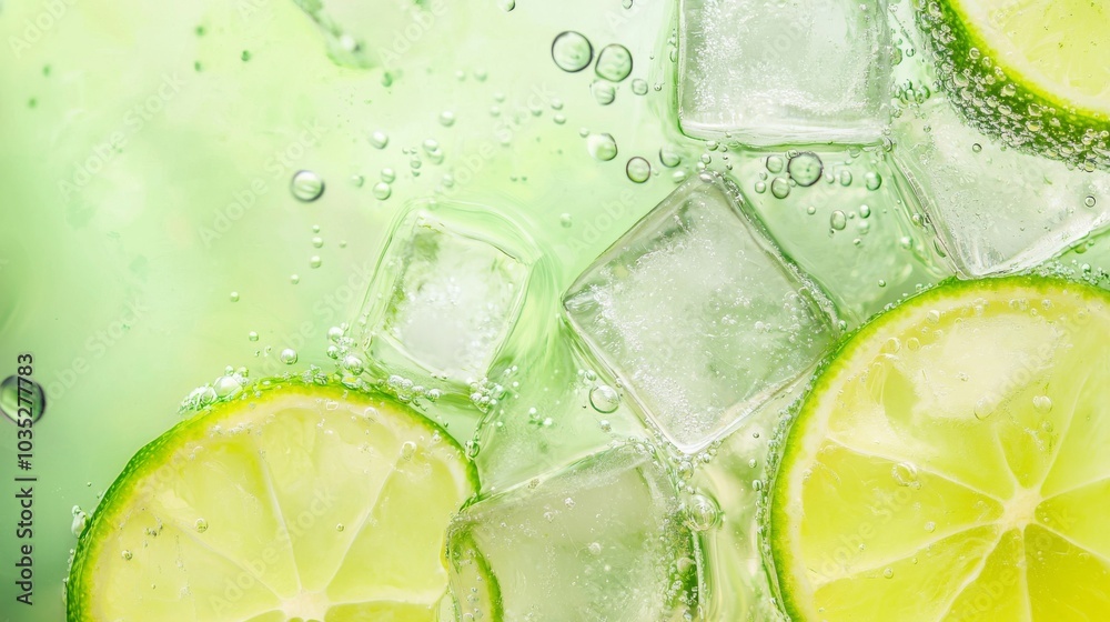 Refreshing lime slices and ice cubes floating in sparkling water on a sunny day. Refreshing lime slices and ice cubes floating in sparkling water on a sunny day.