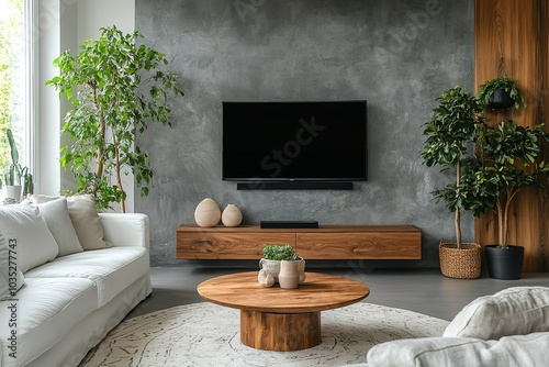 Round accent coffee table beside a white fabric sofa, with a TV unit against a stucco wall. Scandinavian and boho-style interior design in a modern living room.