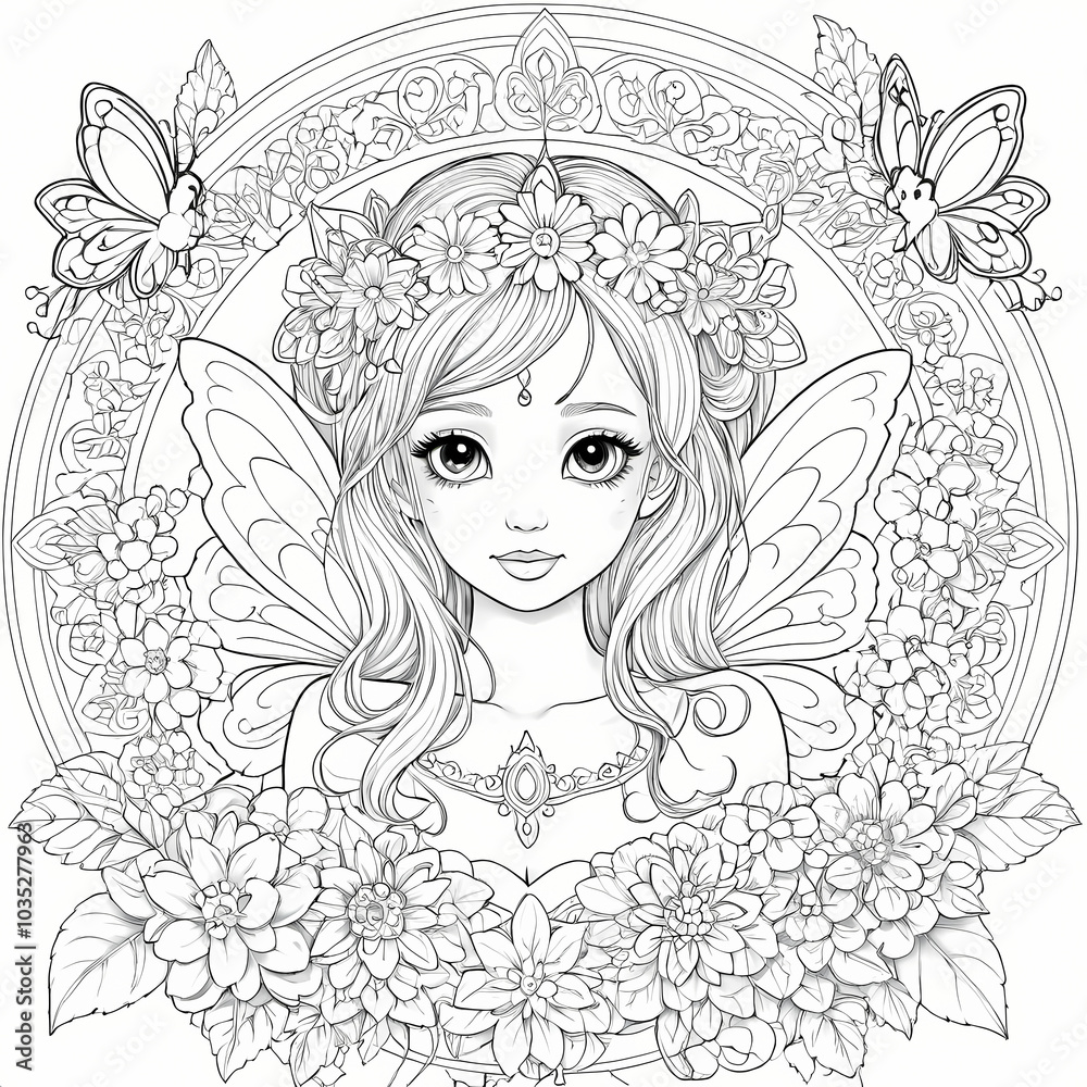 Fairy-Inspired Mandala Design Coloring Book Page Fairy-Inspired Mandala Design Coloring Book Page