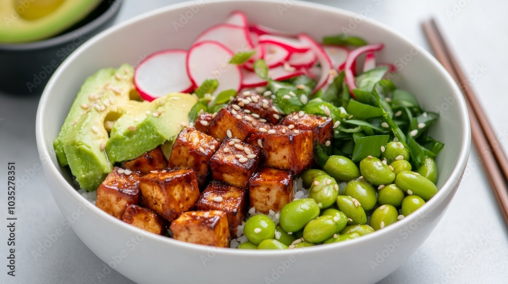 A colorful poke bowl with marinated tofu, edamame, radishes A colorful poke bowl with marinated tofu, edamame, radishes