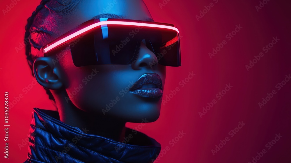 Woman in dark avantgarde jacket with oversized shades, dramatic lighting, futuristic style Woman in dark avantgarde jacket with oversized shades, dramatic lighting, futuristic style