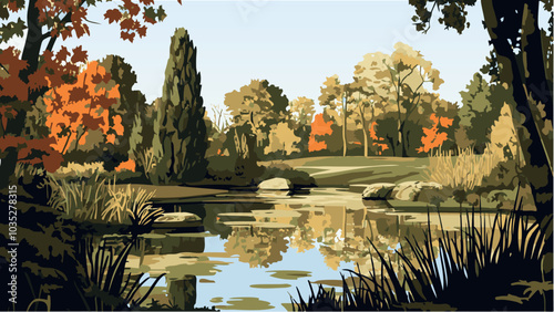 Reflections of Fall- Vector Art of the Scenic Arboretum de la Vallee aux Loups.eps