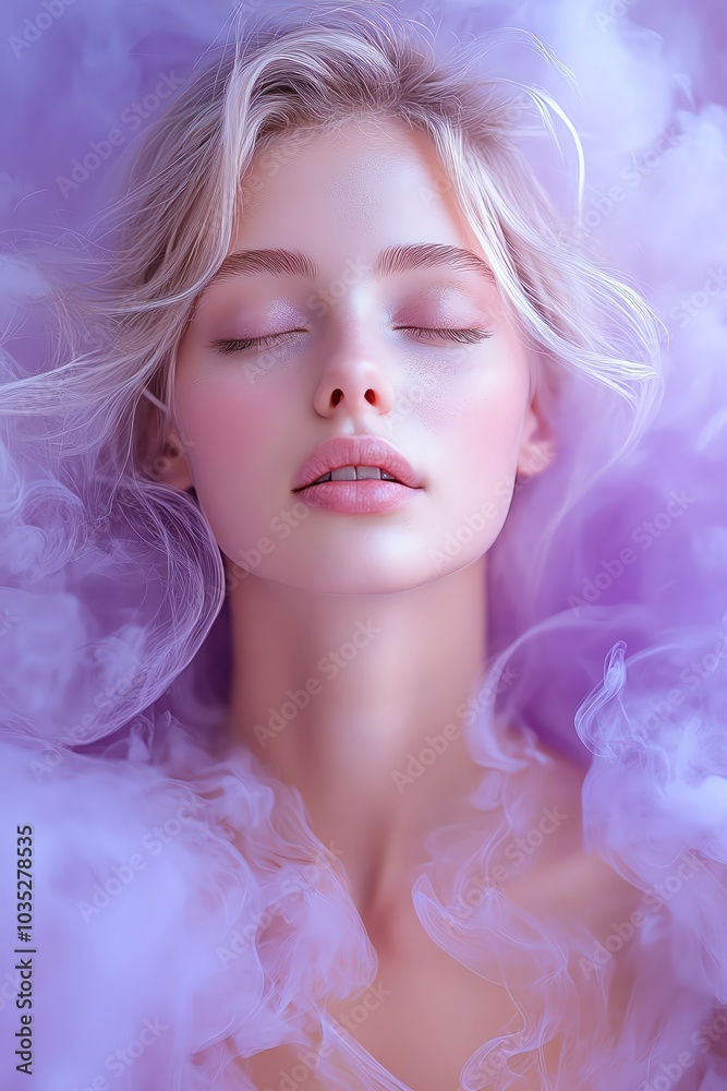 Woman surrounded by pastel purple smoke, her eyes closed, serene expression, misty background with soft lighting Woman surrounded by pastel purple smoke, her eyes closed, serene expression, misty background with soft lighting