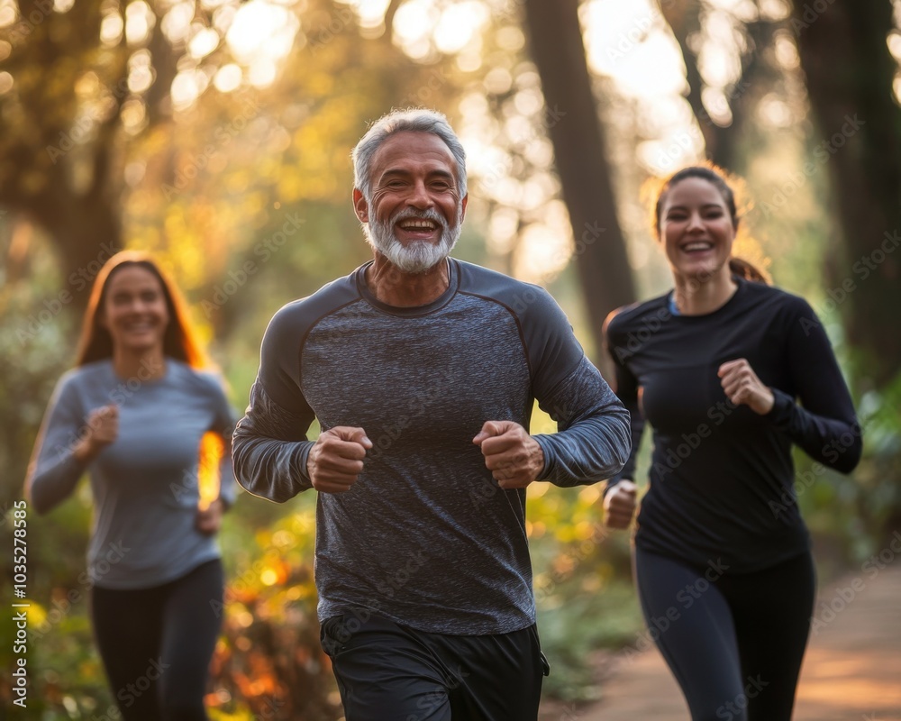 A diverse group of runners, including seniors, enjoying a group running session together A diverse group of runners, including seniors, enjoying a group running session together