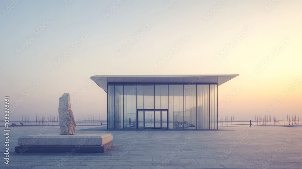Fototapeta premium Modern Glass Pavilion with Stone Sculpture and Sunset Sky