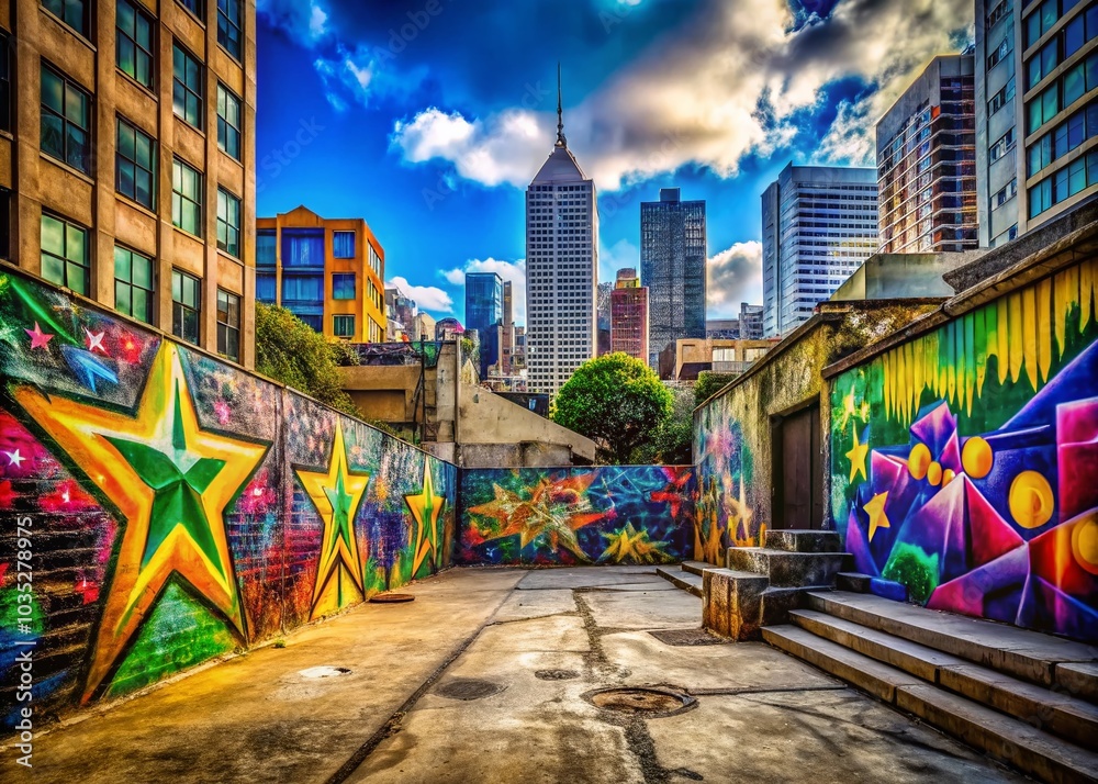 Fototapeta premium Aerial View of Urban Graffiti: STAR SYNDROM Tag Style Art in Vibrant Colors
