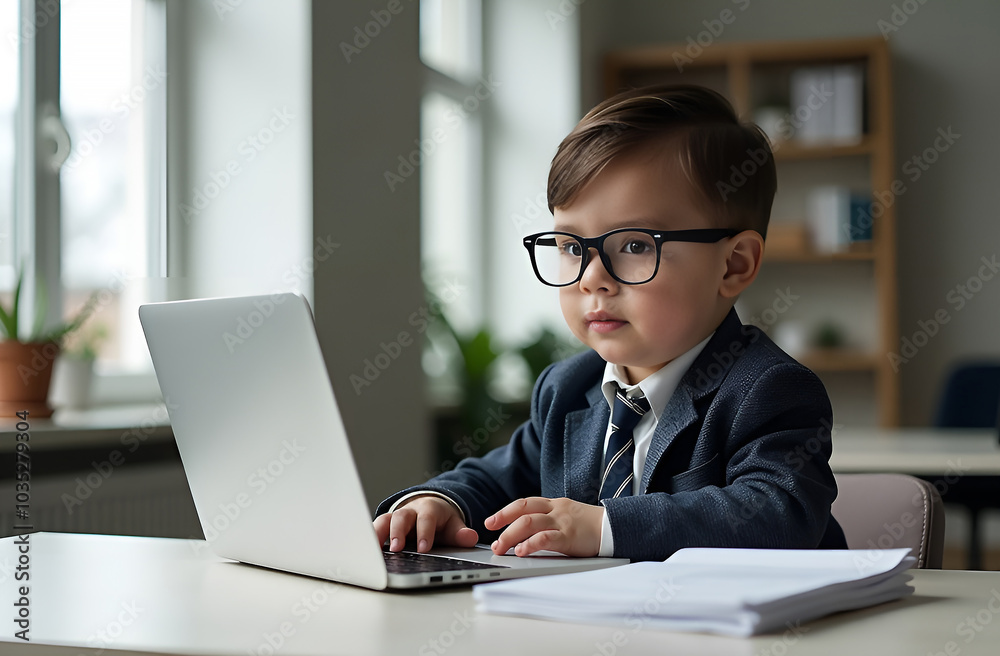 news anchor little boy. funny child headline tv. kids news.a boy in a suit is sitting in an office at a computer news anchor little boy. funny child headline tv. kids news.a boy in a suit is sitting in an office at a computer