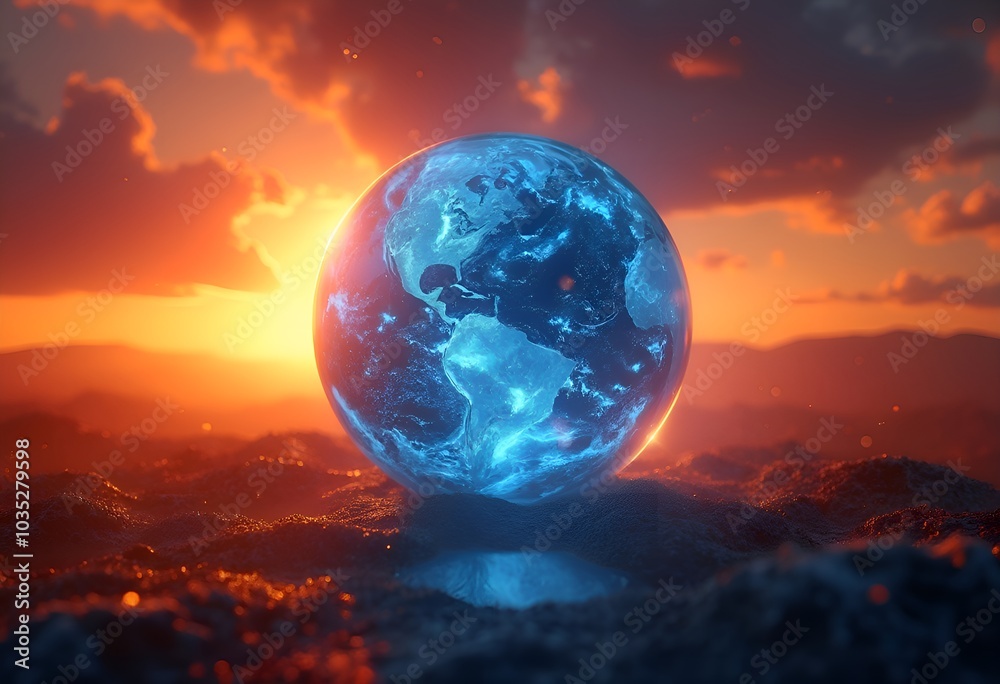 The earth: a glowing blue planet at sunset, symbolizing hope for a sustainable future. Concept: ecology The earth: a glowing blue planet at sunset, symbolizing hope for a sustainable future. Concept: ecology
