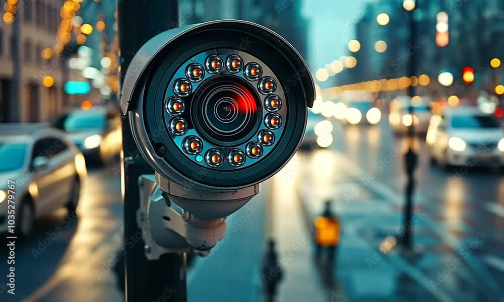 Security camera mounted on a pole in a city street at night.