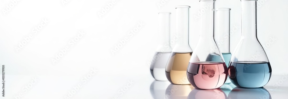Test tubes and flasks with liquids in close-up on a monochrome background. Create a simple composition with copy text space elements. Test tubes and flasks with liquids in close-up on a monochrome background. Create a simple composition with copy text space elements.