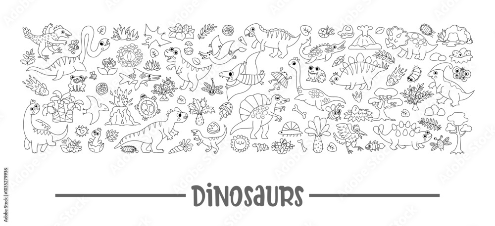 Vector black and white dinosaur horizontal set with Pterodactyl, Stegosaurus, Triceratops, T-Rex. Prehistoric animal line card template or frame design for banner. Dino party coloring page Vector black and white dinosaur horizontal set with Pterodactyl, Stegosaurus, Triceratops, T-Rex. Prehistoric animal line card template or frame design for banner. Dino party coloring page