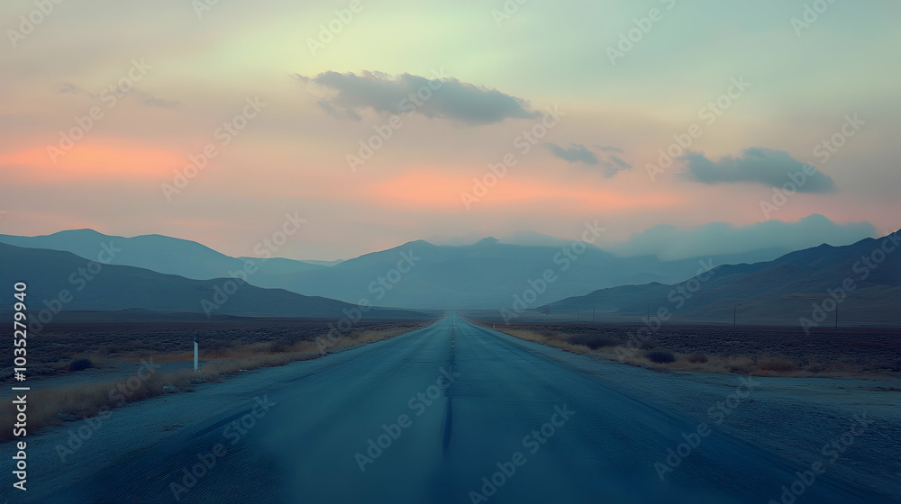 Fototapeta premium Asphalt road with mountains and clouds in the distance at dusk - 