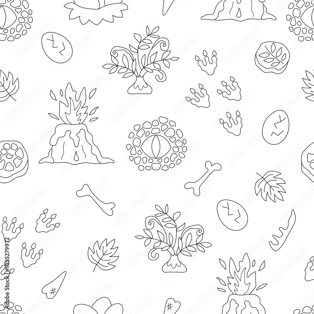 Vector black and white dinosaur seamless pattern. Line prehistoric animal symbols repeat background. Dino digital paper or coloring page with volcano, footprints, bones, egg, eye for kids