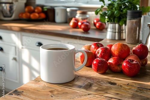 Cozy Autumn Morning in a Sunlit Kitchen with Fresh Apples and Coffee photo