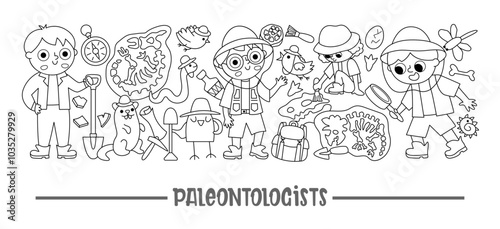 Vector black and white horizontal paleontologist border set. Prehistoric animal scientist card template design or coloring page with fossils, bones, characters. Archaeologists line border for kids