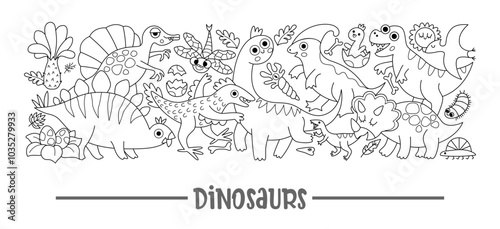 Vector black and white horizontal dinosaur border set. Prehistoric line card template design with dino characters. Cute ancient animals border coloring page with Stegosaurus, Triceratops, T-Rex