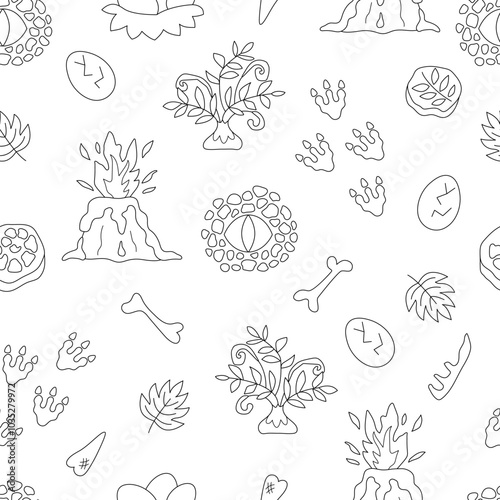 Vector black and white dinosaur seamless pattern. Line prehistoric animal symbols repeat background. Dino digital paper or coloring page with volcano, footprints, bones, egg, eye for kids