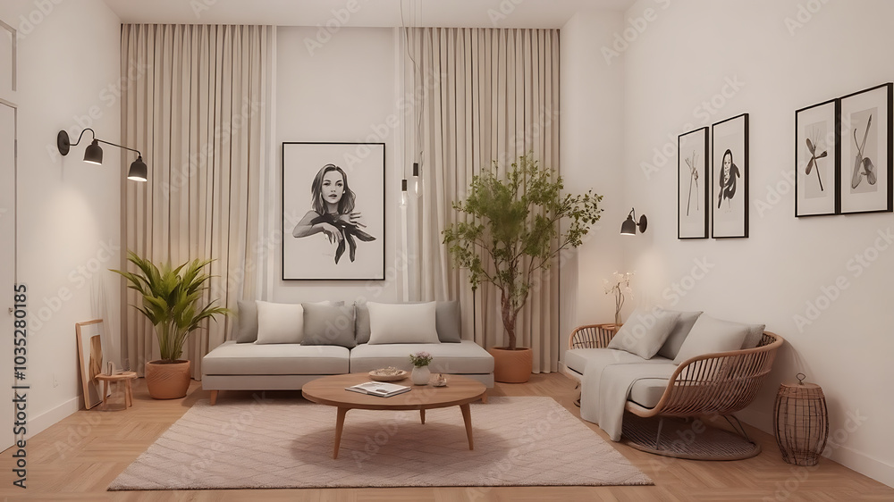 modern living room featuring stylish sofa, plants, and artwork modern living room featuring stylish sofa, plants, and artwork