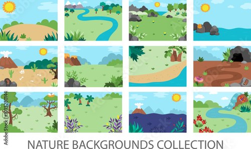 Vector empty nature landscape illustration set. Cute flat scenery collection with sun, meadow, mountains, forest, plants. Outdoor plane or clearing scenes. Dinosaur backgrounds for kids