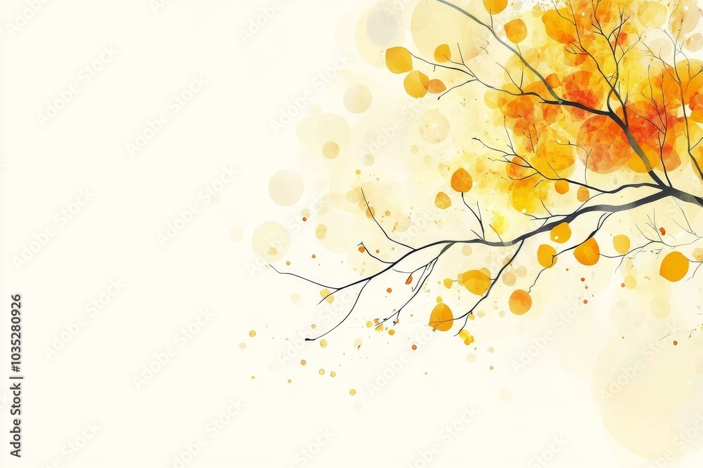 Obraz premium Artistic watercolor illustration of yellow autumn leaves on a tree branch symbolizing seasonal change beauty and the cycle of nature in a soft warm composition