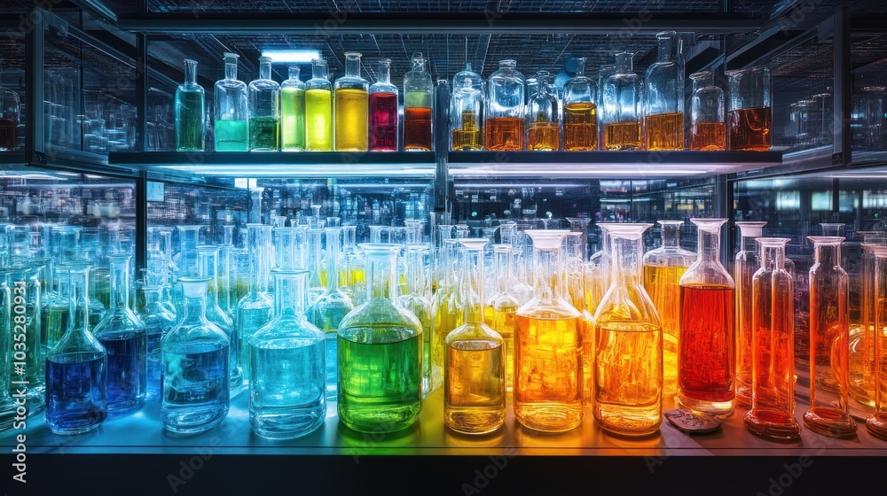 A Display of Glass Bottles Filled with Colorful Liquids A Display of Glass Bottles Filled with Colorful Liquids