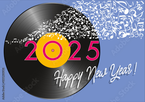 Carte de vœux pour l’année 2025 sur le concept de la musique, avec pour symbole un disque vinyle et une banderole de note qui s’envolent.