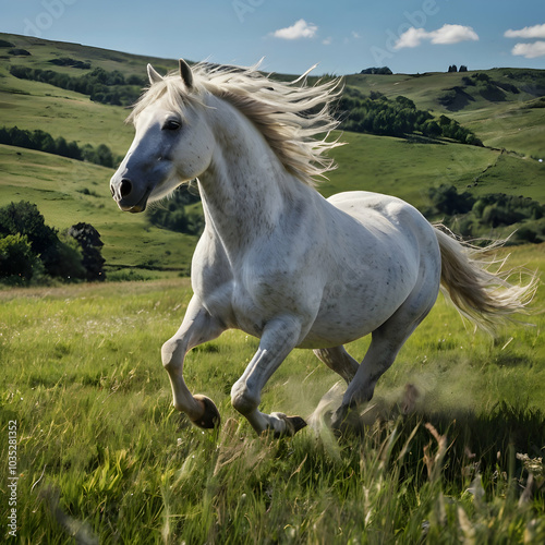 An image of a white horse galloping across a field, with its mane and tail blowing in the breeze. The backdrop shows rolling green hills and a clear blue sky with scattered clouds.