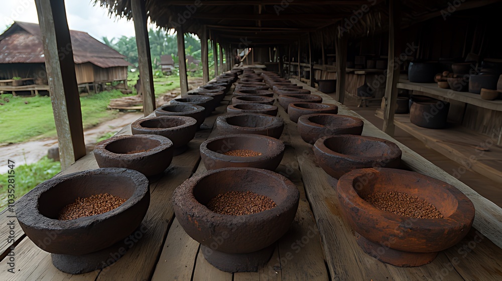 Rows of traditional stone mortars filled with red beans are set out to dry in a wooden building in a rural village. Rows of traditional stone mortars filled with red beans are set out to dry in a wooden building in a rural village.